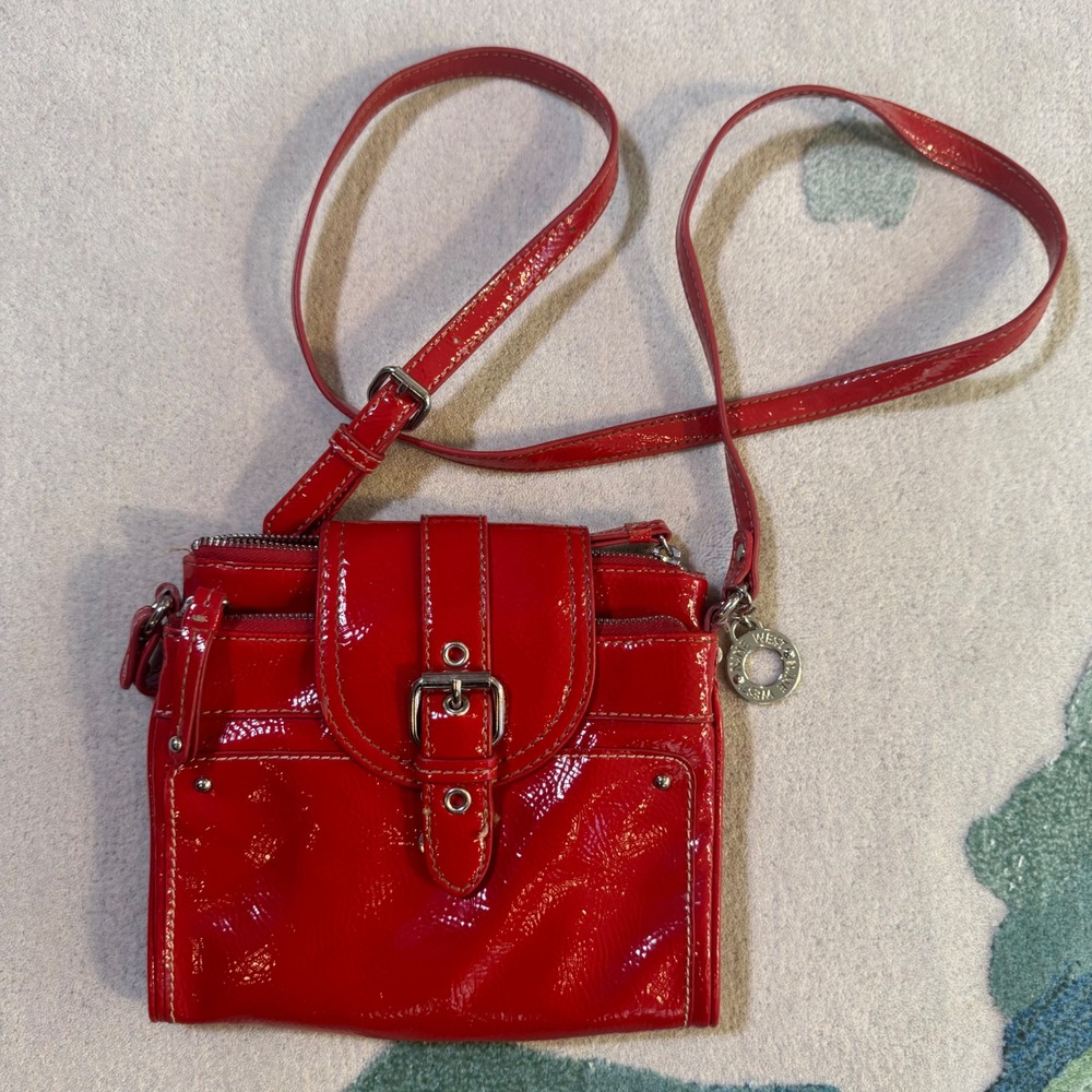 Vintage Nine West Red Patent Crossbody Bag Buckle Detail Organizer Purse
